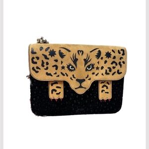 Charlotte Olympia Black and Tan Leopard Clutch